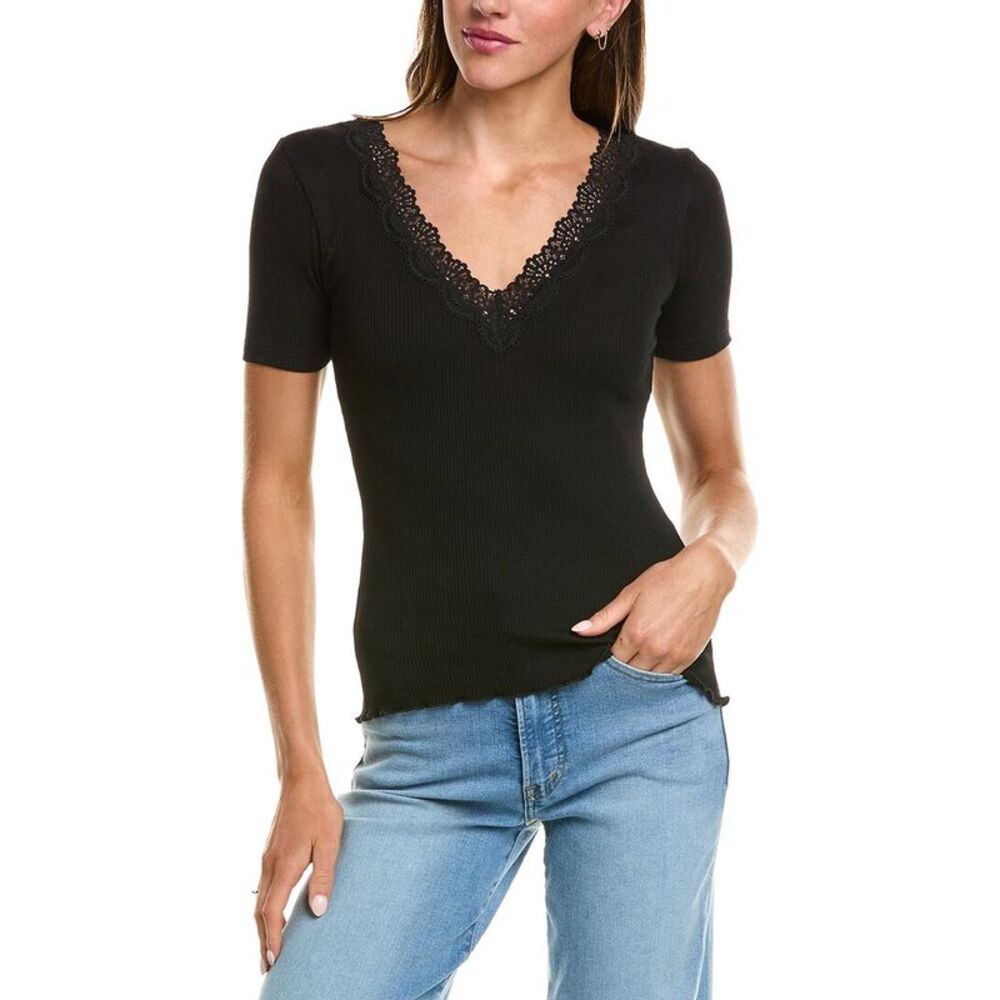 Madewell Womens Elbow-Sleeve Lace Top, Black